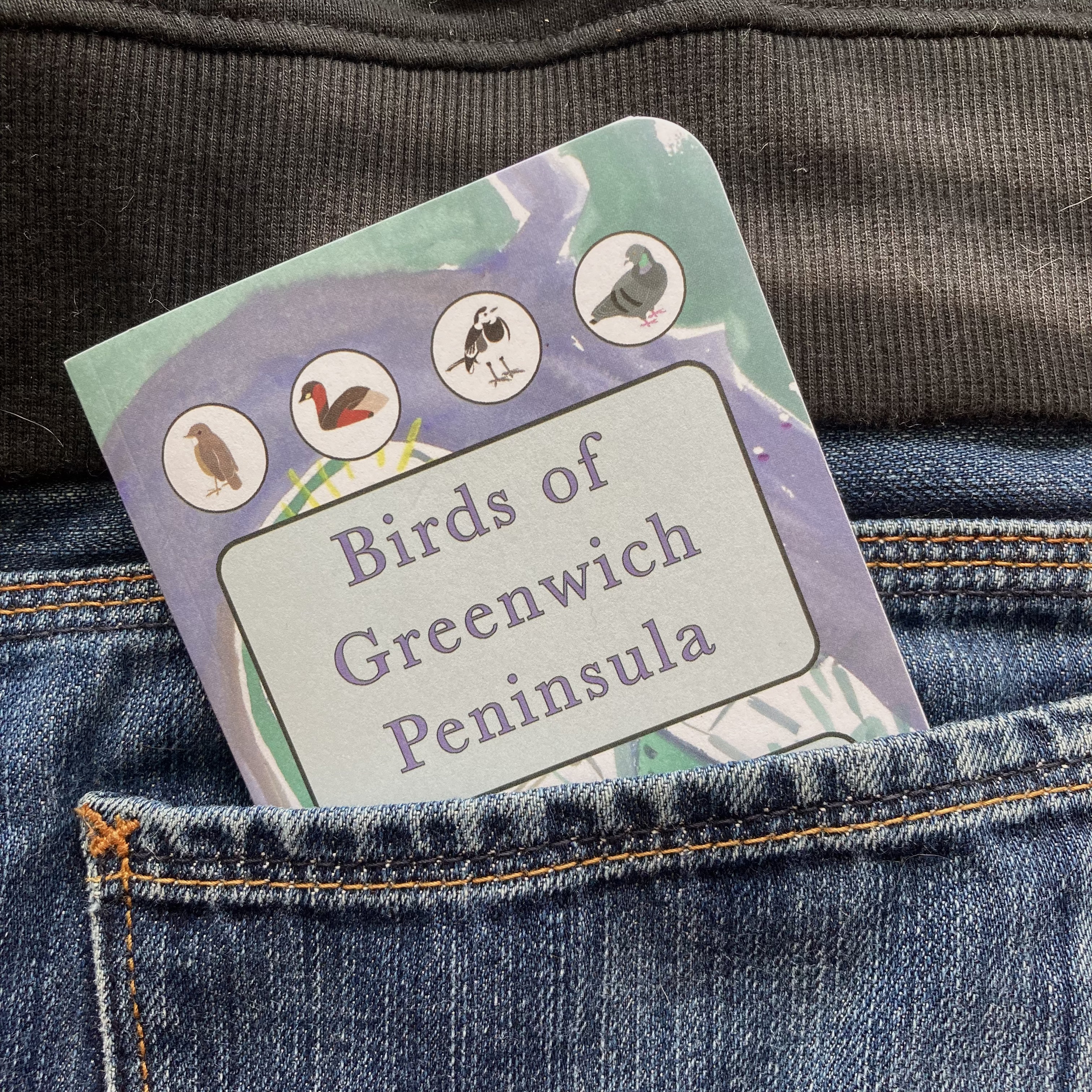 Birds of Greenwich Peninsula pocketbook in jeans pocket