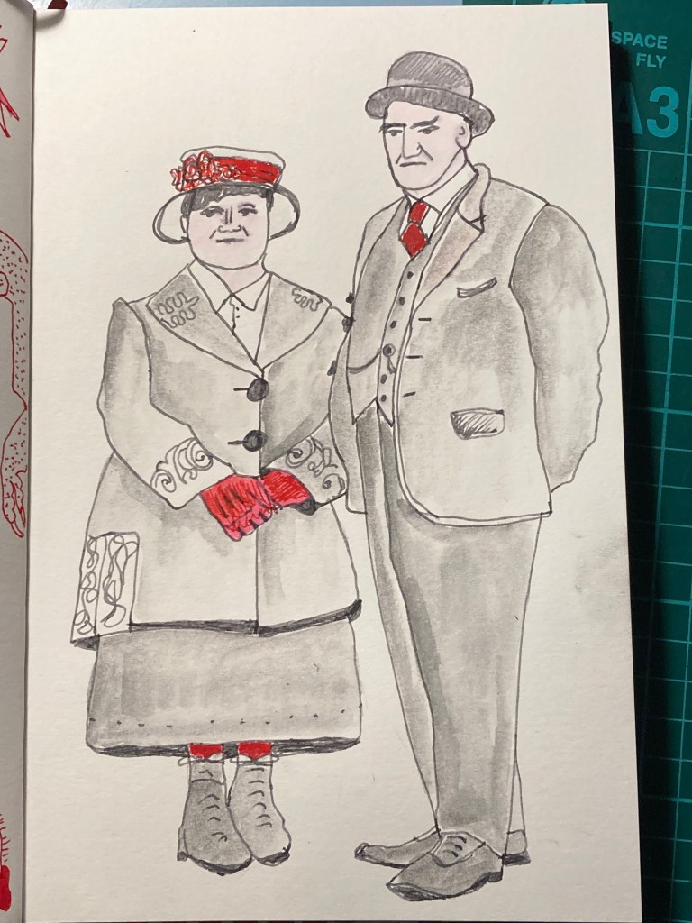 A drawing of two characters from Downton Abbey, the butler Carson, and the cook Mrs Patmore, in grey and red ink.