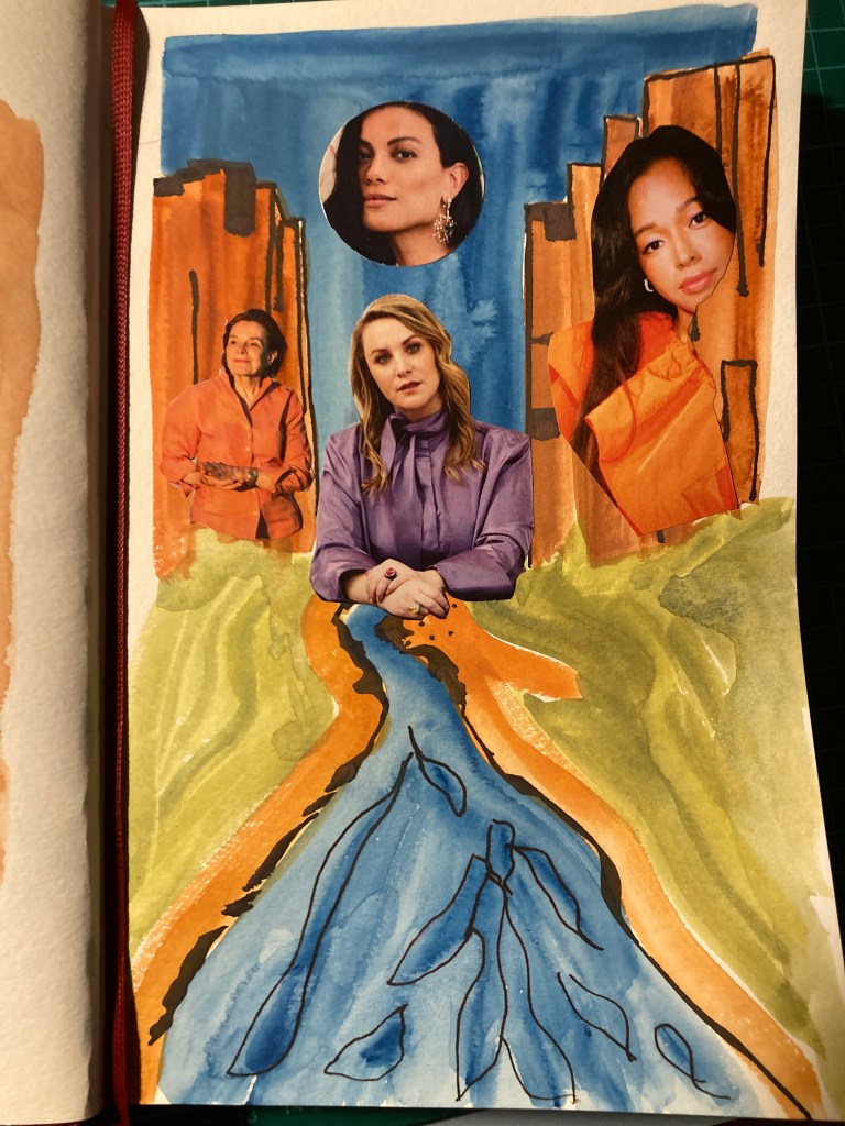 a collage on a background of gouache in ochre, green and blue. Symbolising mountains, vegetation and water, with collaged women stuck on.