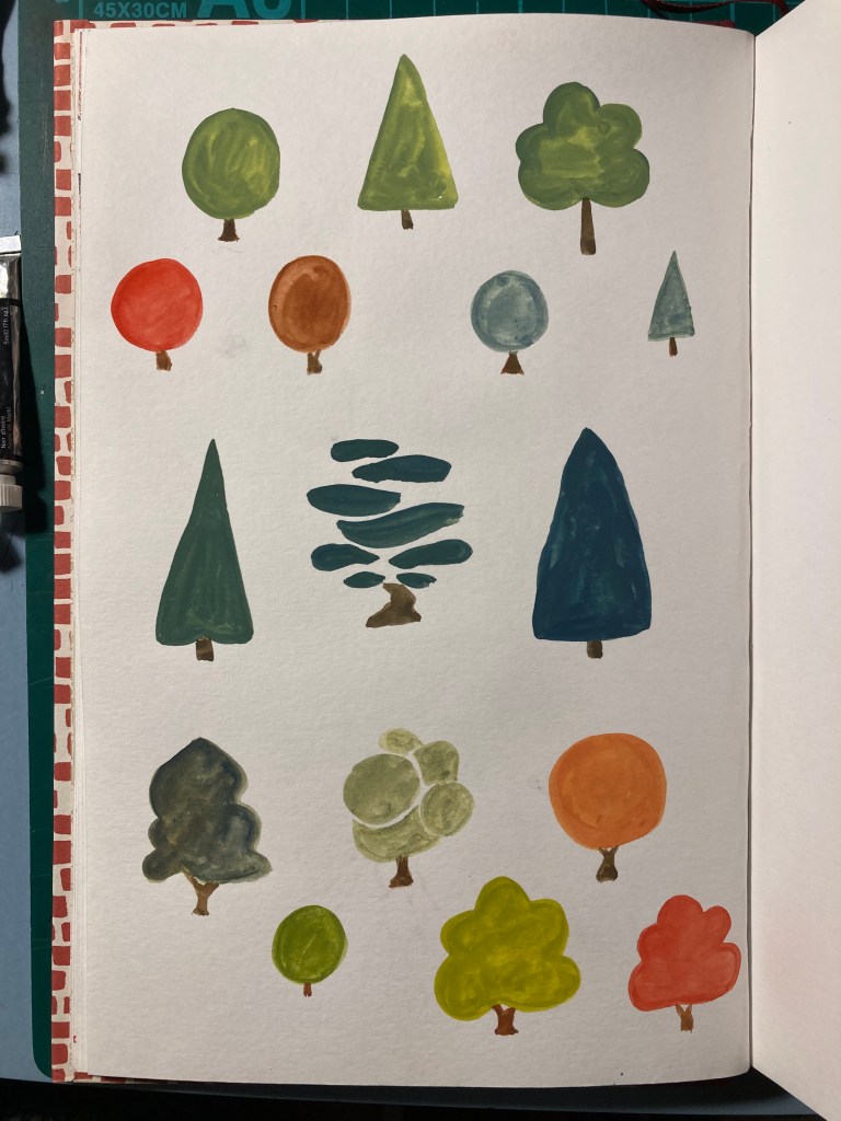 Sketchbook page with gouache paintings of small stylised trees.