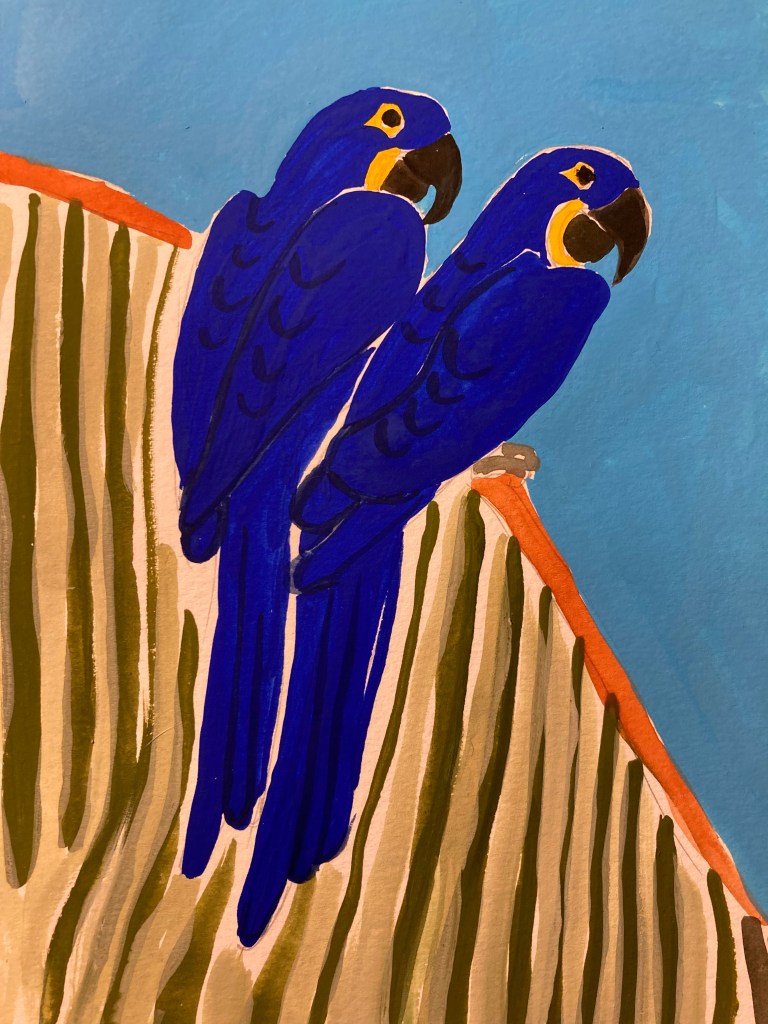 a gouache painting of a pair of Hyacinth Macaws perched on a leafy branch