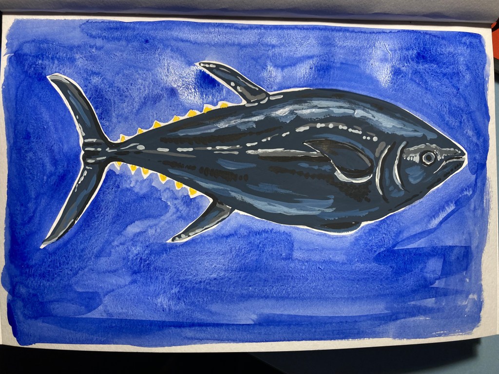 a gouache painting of an Atlantic bluefin tuna