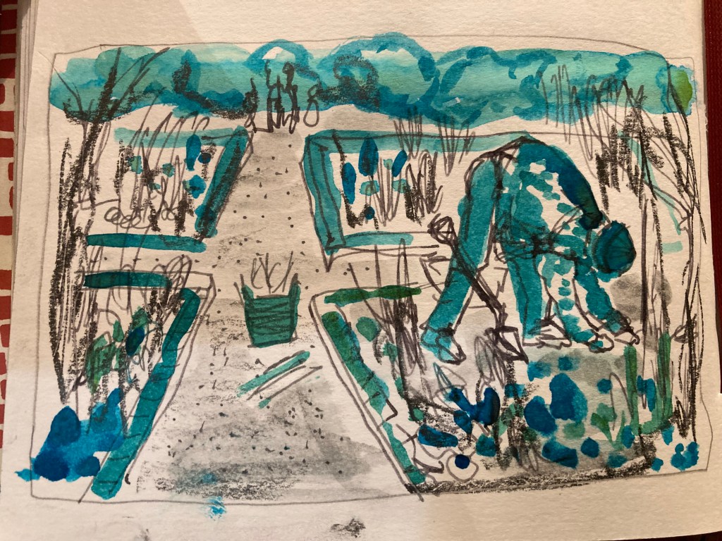 pen and ink drawing of a garden, with a person bending over to do weeding