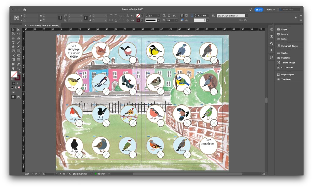 Screenshot of centre page spread of Town & Country Garden Birds birdwatching logbook