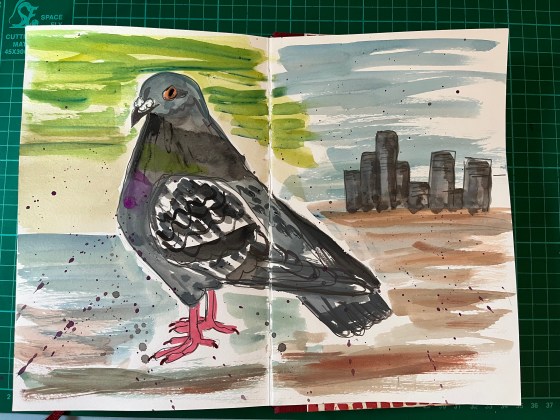 painting of a pigeon with a splashy background