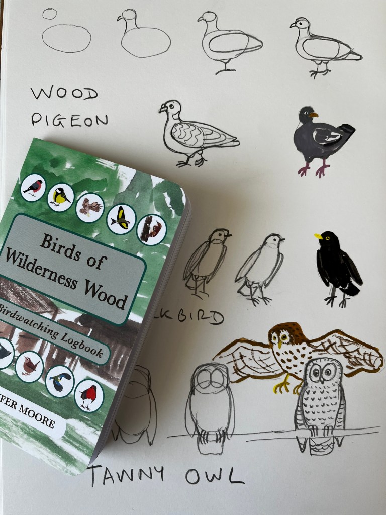 Page of drawings and paintings of woodland birds, and a Virds of Wilderness Wood birdwatching logbook.