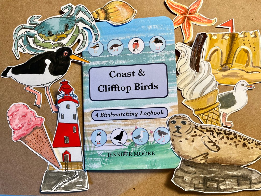collage of seaside-themed illustrations with a copy of the Coast & Clifftop Birds birdwatching logbook in the centre of the image