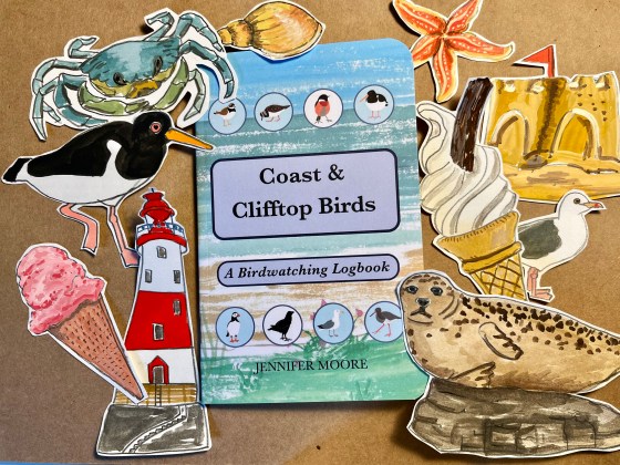 collage of seaside-themed illustrations with a copy of the Coast & Clifftop Birds birdwatching logbook in the centre of the image