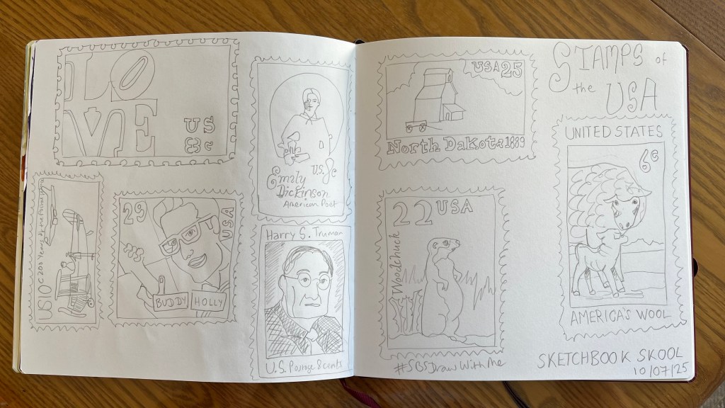 Pencil drawings of US postage stamps in a sketchbook.
