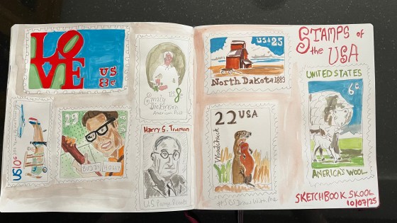 Painted pictures of postage stamps