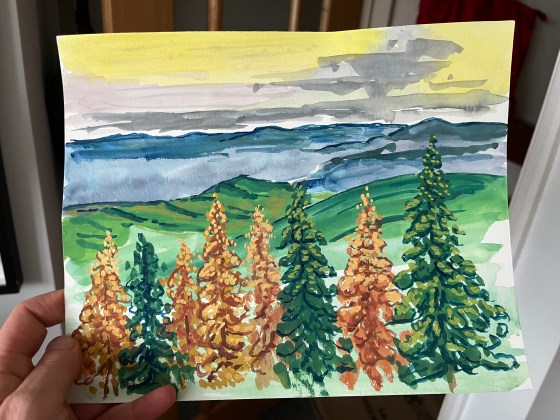 Painting of mountains and trees