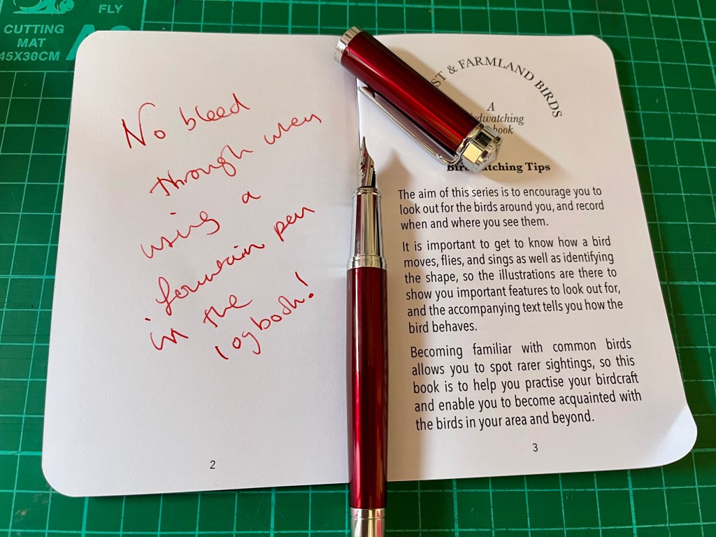 birdwatching logbook with Ellington Pen "Scarlet Slate" fountain pen from https://www.ellingtonpens.com