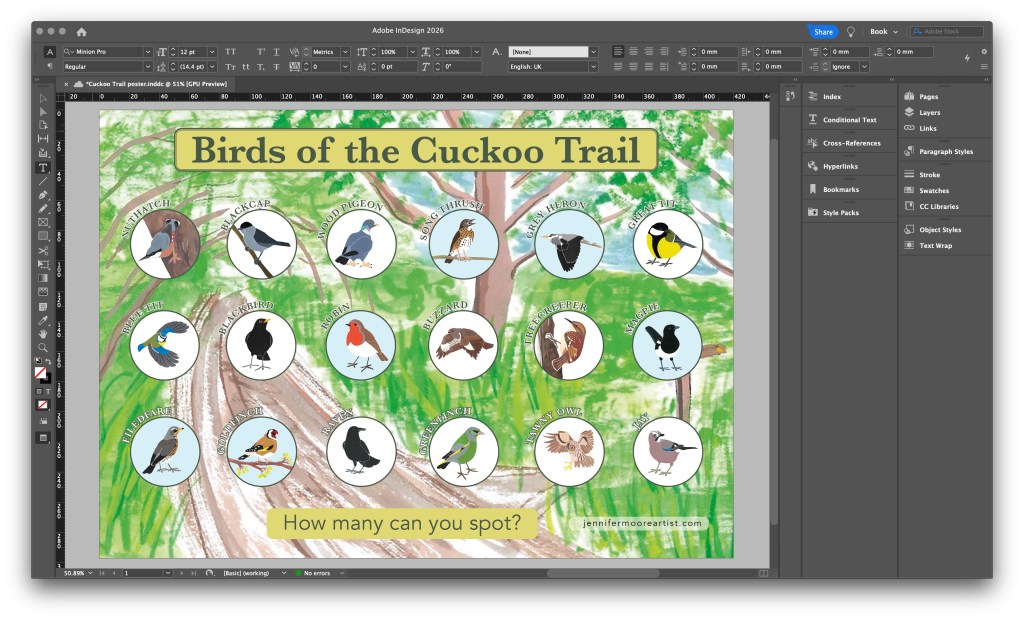 Screenshot of Adobe InDesign with a poster about birdwatching on the workspace.