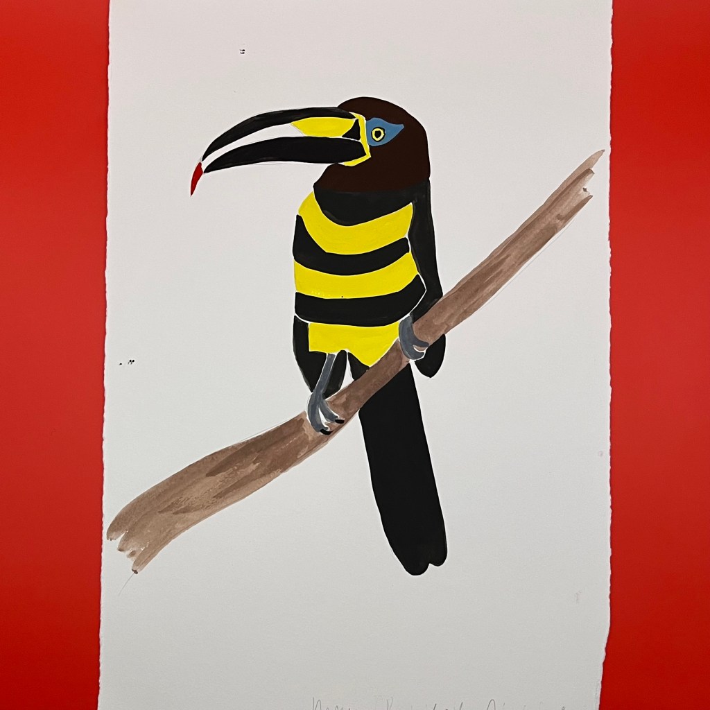 Painting of a Many-banded Aracari perched on a branch.