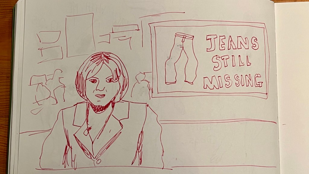 Cartoon drawing in pink ink pf Fiona Bruce at a newsdesk