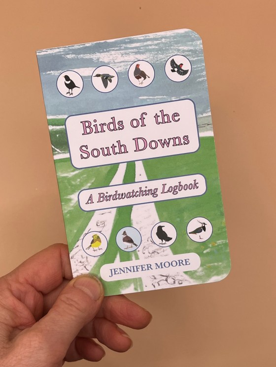 hand holding Birds of the South Downs birdwatching logbook with a tan background