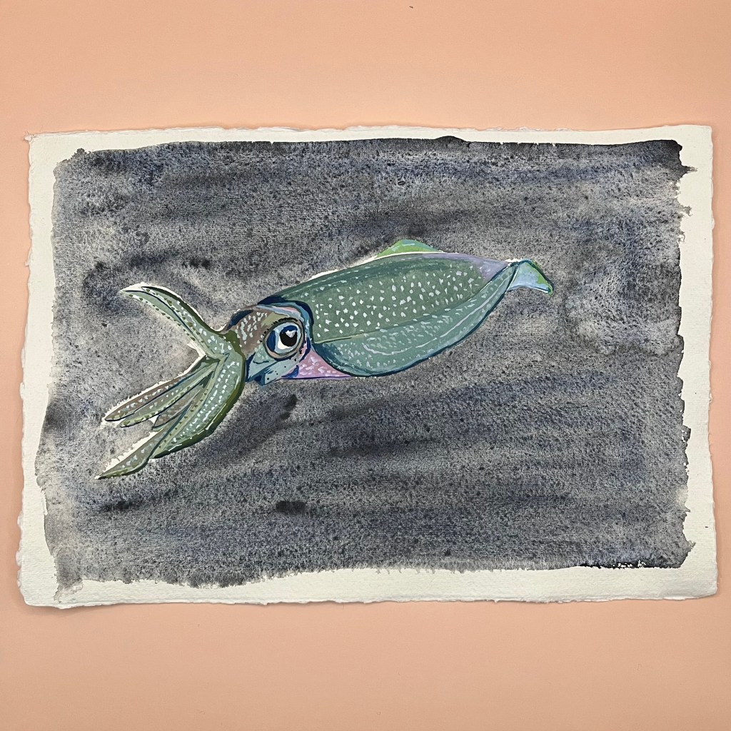 Deep Sea Squid gouache painting 