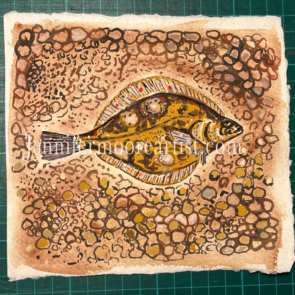 gouache painting of a plaice on a sandy background