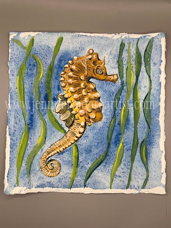 Short-snouted Seahorse in gouache on Khadi paper with seaweed behind