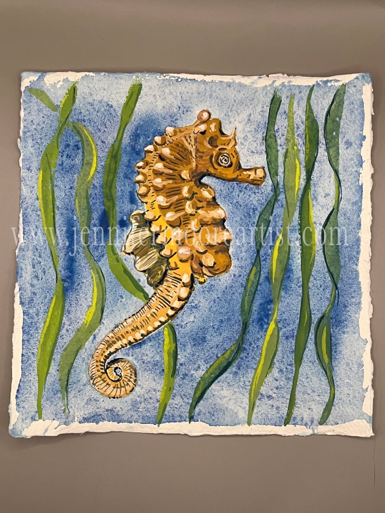 Short-snouted Seahorse in gouache on Khadi paper with seaweed behind