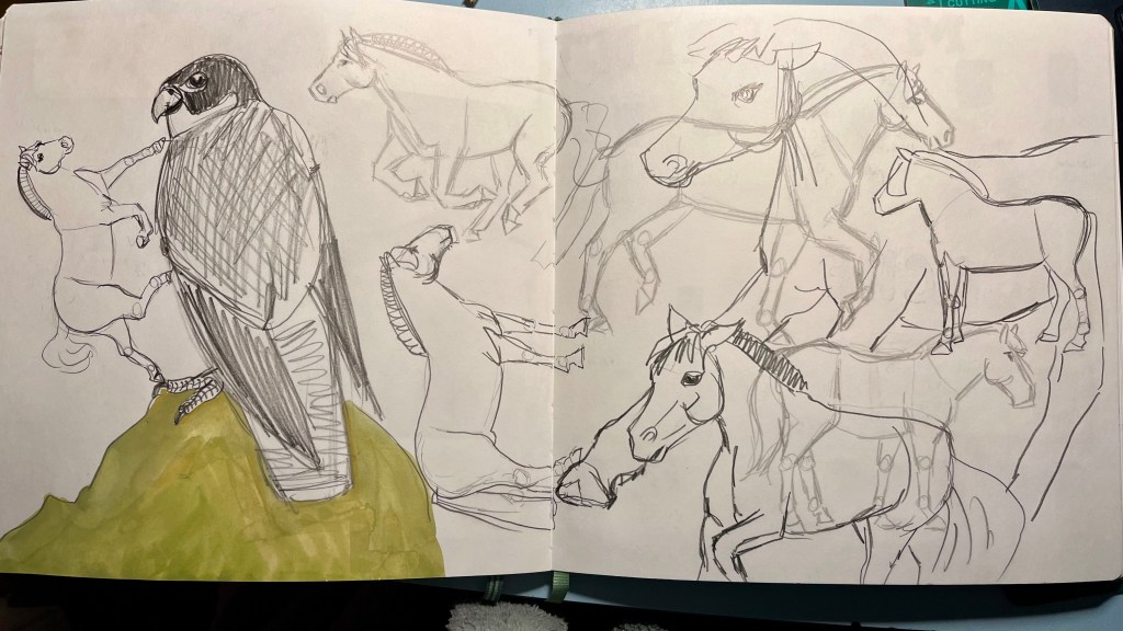 Drawings of a Peregrine and horses.