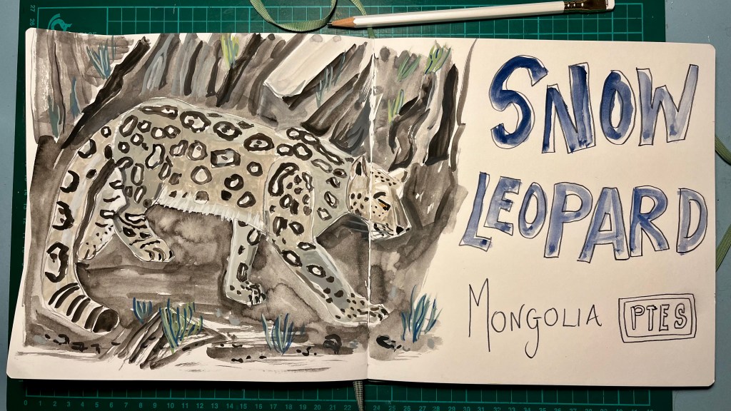 Painting of a snow leopard crossing in front of a rocky backdrop