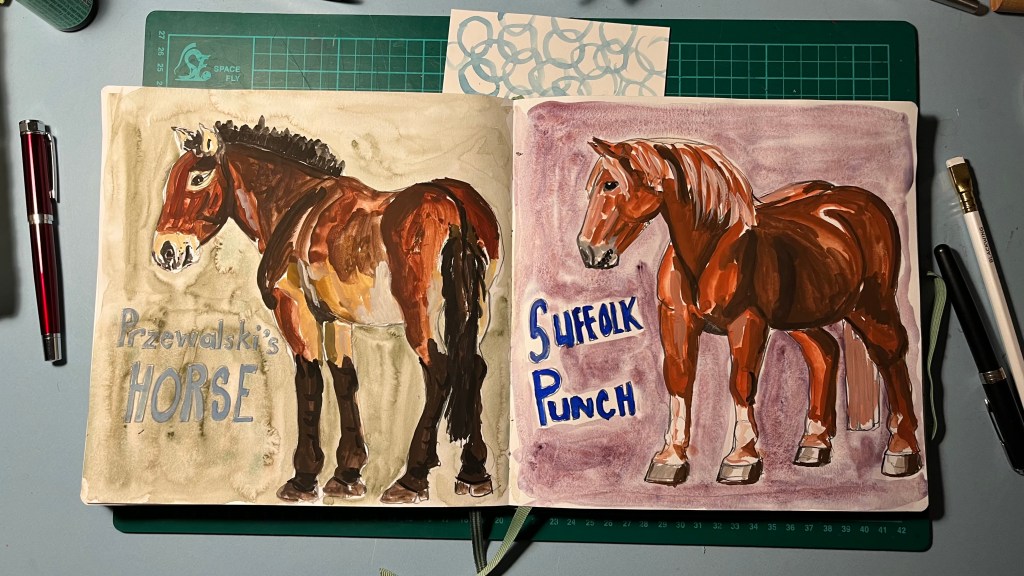 Two gouache horse paintings in a sketchbook with watercolour backgrounds and hand-lettering.