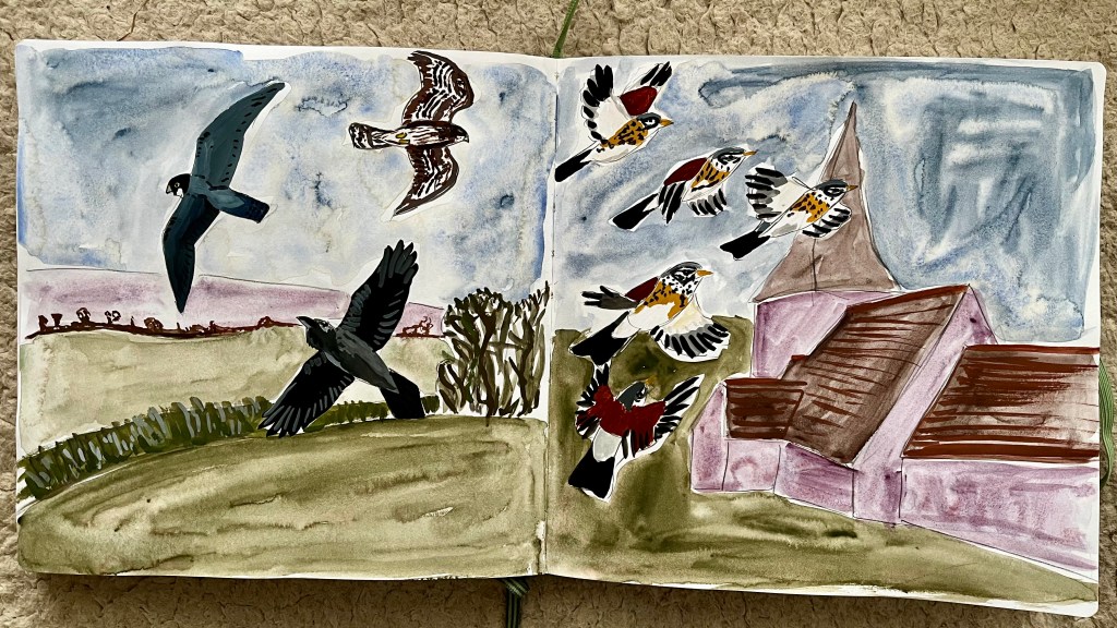 Sketchbook page of a landscape with birds flying