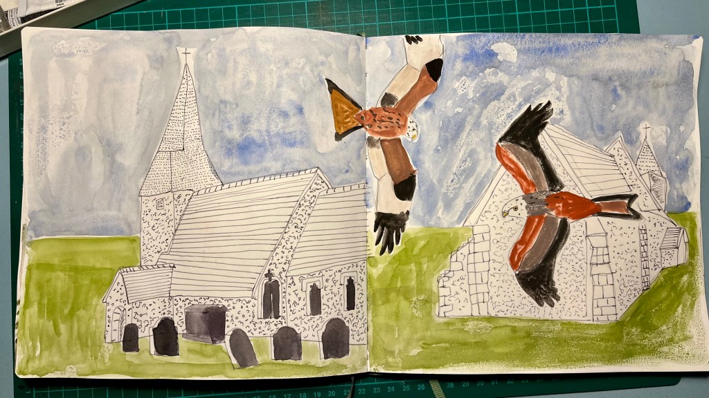 sketchbook painting of two Red Kites flying over two churches