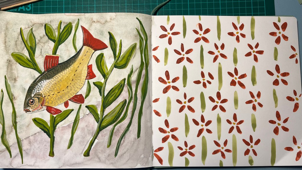 Sketchbook pages showing a painting of a Rudd on the left, and a repeated pattern on the right 