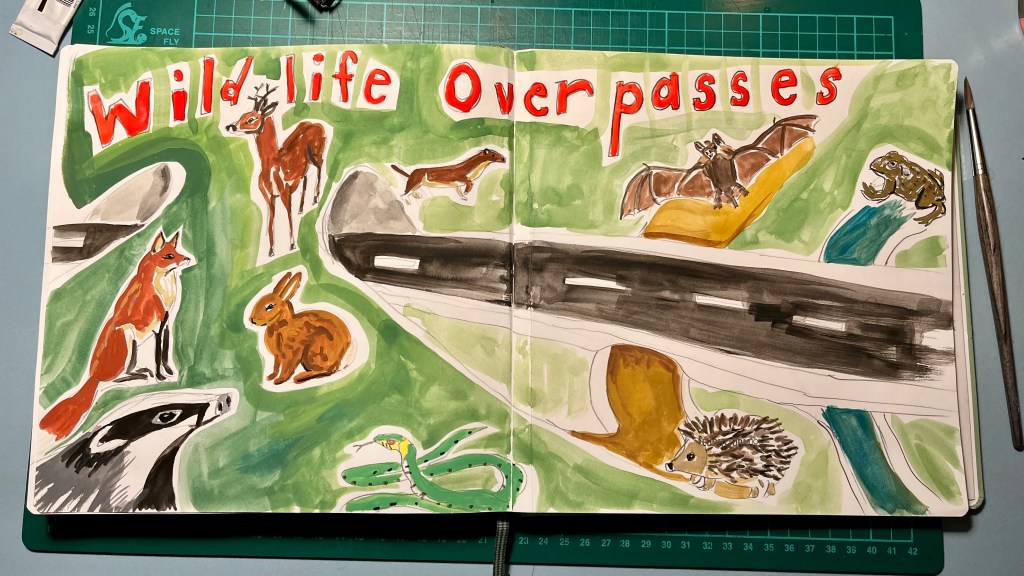 Sketchbook painting of a wildlife crossing over a road with British wild animals