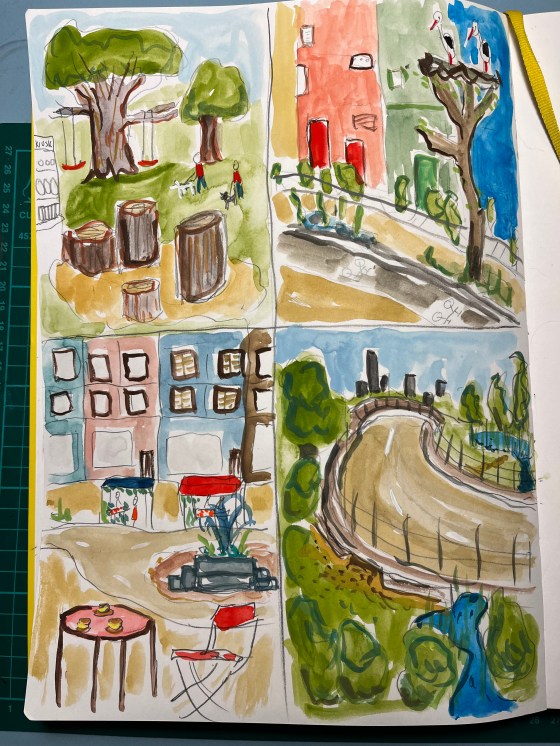 gouache paintings of different townscapes