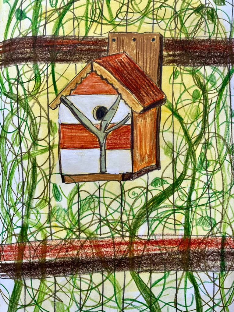 Coloured pencil drawing of a bird box on a fence